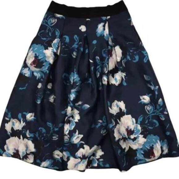 White House Black Market satin teal blue floral FULL midi skirt! sz 12! $160! - Picture 9 of 9